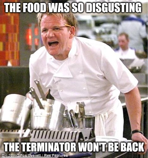 Who upset Gordon? | THE FOOD WAS SO DISGUSTING; THE TERMINATOR WON'T BE BACK | image tagged in memes,chef gordon ramsay | made w/ Imgflip meme maker