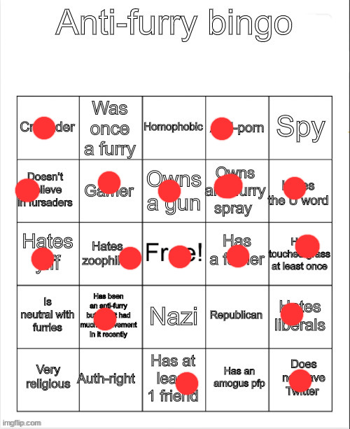 Anti-Furry bingo | image tagged in anti-furry bingo | made w/ Imgflip meme maker