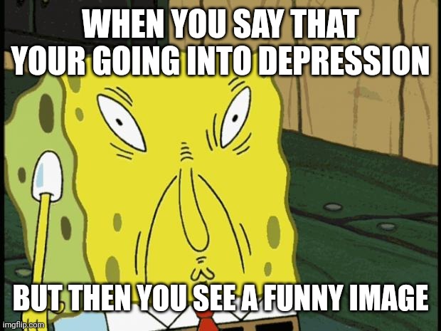 I laugh very easily | WHEN YOU SAY THAT YOUR GOING INTO DEPRESSION; BUT THEN YOU SEE A FUNNY IMAGE | image tagged in spongebob funny face,memes,funny,funny face | made w/ Imgflip meme maker