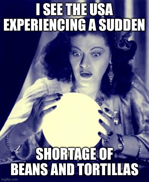 Crystal Ball | I SEE THE USA EXPERIENCING A SUDDEN SHORTAGE OF BEANS AND TORTILLAS | image tagged in crystal ball | made w/ Imgflip meme maker