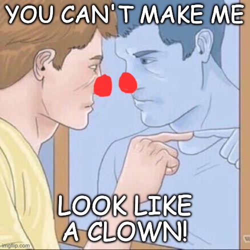 Technically true | YOU CAN'T MAKE ME; LOOK LIKE A CLOWN! | image tagged in pointing mirror guy,clown | made w/ Imgflip meme maker