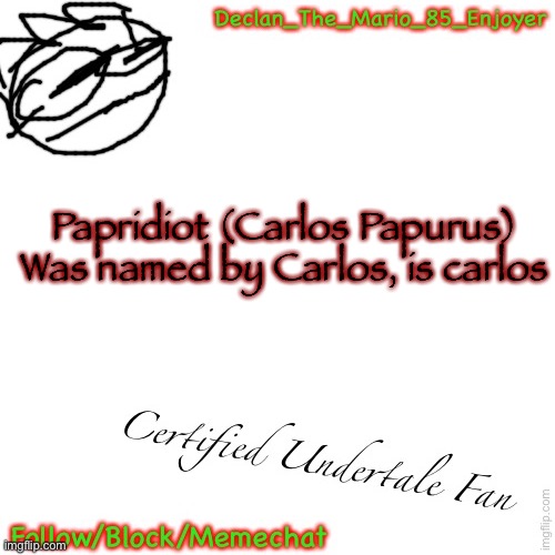 Papridiot (Carlos Papurus)
Was named by Carlos, is carlos | image tagged in declan s announcement void | made w/ Imgflip meme maker