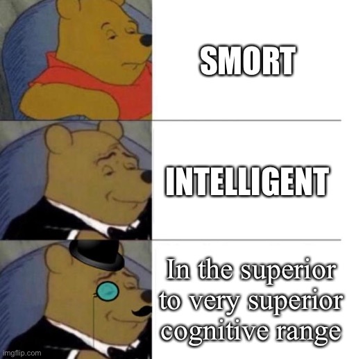Cognition | SMORT; INTELLIGENT; In the superior to very superior cognitive range | image tagged in tuxedo winnie the pooh 3 panel,smort,smart,intelligence,iq | made w/ Imgflip meme maker