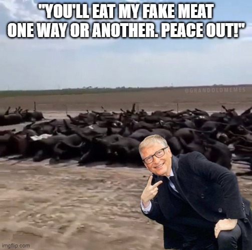 Funny truths | "YOU'LL EAT MY FAKE MEAT ONE WAY OR ANOTHER. PEACE OUT!" | image tagged in sick humor | made w/ Imgflip meme maker