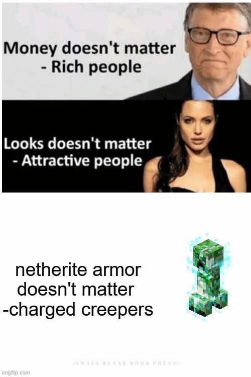 netherite armor doesn't matter 
-charged creepers | image tagged in netherite,armor,minecraft,minecraft creeper,fun | made w/ Imgflip meme maker