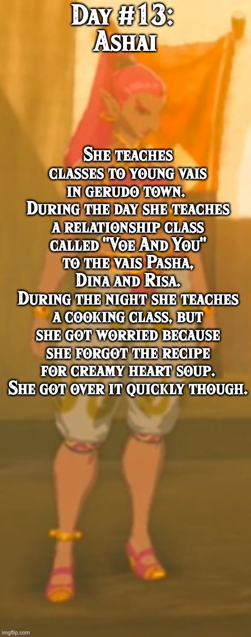 BoTW NPCs until BoTW 2. Day #13: Ashai. (sorry it's late) | Day #13: 
Ashai; She teaches classes to young vais in gerudo town. 
During the day she teaches a relationship class called "Voe And You" to the vais Pasha, Dina and Risa.
During the night she teaches a cooking class, but she got worried because she forgot the recipe for creamy heart soup. She got over it quickly though. | image tagged in one npc every day,the legend of zelda breath of the wild | made w/ Imgflip meme maker