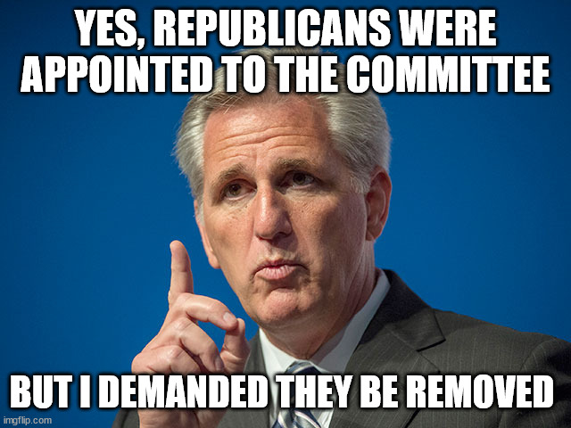 Kevin McCarthy | YES, REPUBLICANS WERE APPOINTED TO THE COMMITTEE BUT I DEMANDED THEY BE REMOVED | image tagged in kevin mccarthy | made w/ Imgflip meme maker