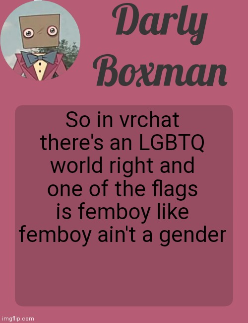 Darly Boxman temp | So in vrchat there's an LGBTQ world right and one of the flags is femboy like femboy ain't a gender | image tagged in darly boxman temp | made w/ Imgflip meme maker