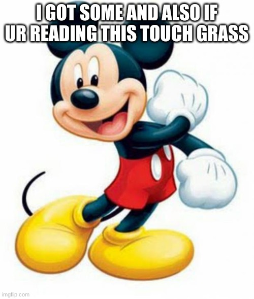 mickey mouse  | I GOT SOME AND ALSO IF UR READING THIS TOUCH GRASS | image tagged in mickey mouse | made w/ Imgflip meme maker