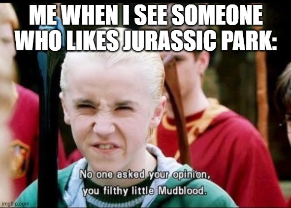 The first meme here. | ME WHEN I SEE SOMEONE WHO LIKES JURASSIC PARK: | image tagged in no one asked for your opinion you filthy little mudblood,memes | made w/ Imgflip meme maker