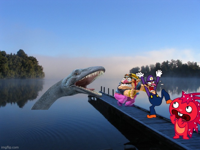 Wario dies by the Loch Ness Monster (Nessie) at the pond with his friends.mp3 | image tagged in wario dies,wario,waluigi,happy tree friends,loch ness monster,cryptid | made w/ Imgflip meme maker