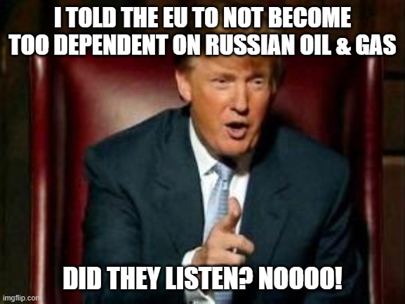 Donald Trump | I TOLD THE EU TO NOT BECOME TOO DEPENDENT ON RUSSIAN OIL & GAS DID THEY LISTEN? NOOOO! | image tagged in donald trump | made w/ Imgflip meme maker