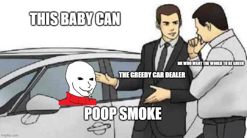The car dealer and the Activist | THIS BABY CAN; ME WHO WANT THE WORLD TO BE GREEN; THE GREEDY CAR DEALER; POOP SMOKE | image tagged in memes,car salesman slaps roof of car | made w/ Imgflip meme maker