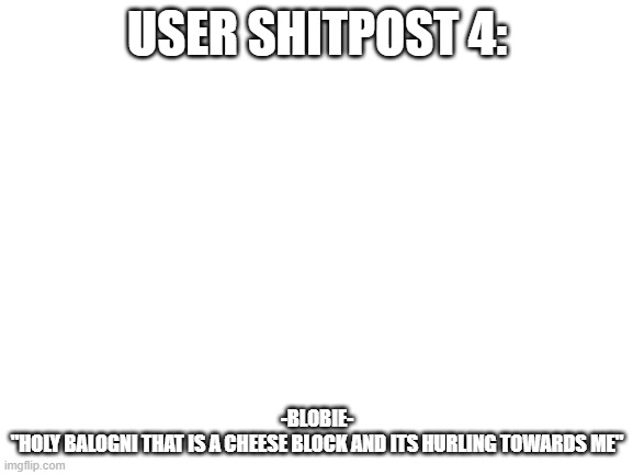 Blank White Template | USER SHITPOST 4:; -BLOBIE-
"HOLY BALOGNI THAT IS A CHEESE BLOCK AND ITS HURLING TOWARDS ME" | image tagged in blank white template | made w/ Imgflip meme maker