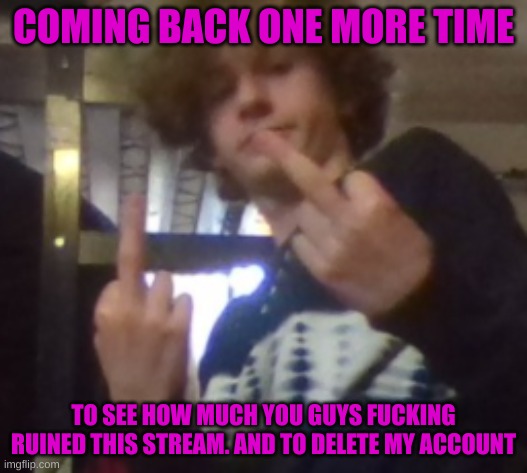 fuck you | COMING BACK ONE MORE TIME; TO SEE HOW MUCH YOU GUYS FUCKING RUINED THIS STREAM. AND TO DELETE MY ACCOUNT | image tagged in fuck you | made w/ Imgflip meme maker