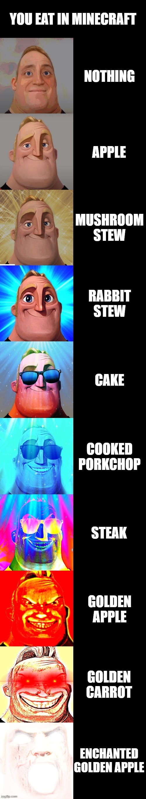 you eat _____________ in minecraft | YOU EAT IN MINECRAFT; NOTHING; APPLE; MUSHROOM STEW; RABBIT STEW; CAKE; COOKED PORKCHOP; STEAK; GOLDEN APPLE; GOLDEN CARROT; ENCHANTED GOLDEN APPLE | image tagged in mr incredible becoming canny | made w/ Imgflip meme maker