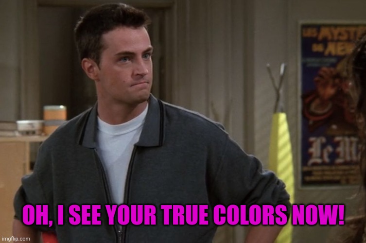 Chandler Bing | OH, I SEE YOUR TRUE COLORS NOW! | image tagged in chandler bing | made w/ Imgflip meme maker