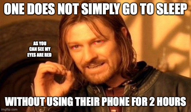 One Does Not Simply Meme | ONE DOES NOT SIMPLY GO TO SLEEP; AS YOU CAN SEE MY EYES ARE RED; WITHOUT USING THEIR PHONE FOR 2 HOURS | image tagged in memes,one does not simply | made w/ Imgflip meme maker