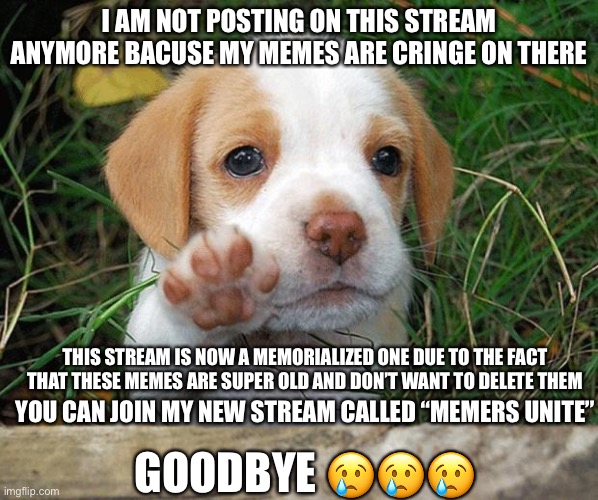 dog puppy bye | I AM NOT POSTING ON THIS STREAM ANYMORE BACUSE MY MEMES ARE CRINGE ON THERE; THIS STREAM IS NOW A MEMORIALIZED ONE DUE TO THE FACT THAT THESE MEMES ARE SUPER OLD AND DON’T WANT TO DELETE THEM; YOU CAN JOIN MY NEW STREAM CALLED “MEMERS UNITE”; GOODBYE 😢😢😢 | image tagged in dog puppy bye,sad | made w/ Imgflip meme maker