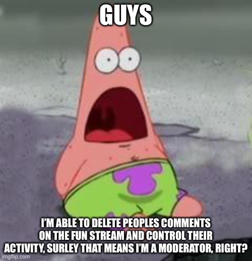 Suprised Patrick | GUYS; I’M ABLE TO DELETE PEOPLES COMMENTS ON THE FUN STREAM AND CONTROL THEIR ACTIVITY, SURLEY THAT MEANS I’M A MODERATOR, RIGHT? | image tagged in suprised patrick,wait what,imgflip | made w/ Imgflip meme maker