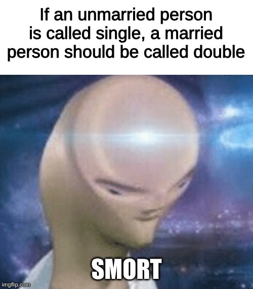 yess | If an unmarried person is called single, a married person should be called double; SMORT | image tagged in smort,memes,funny | made w/ Imgflip meme maker