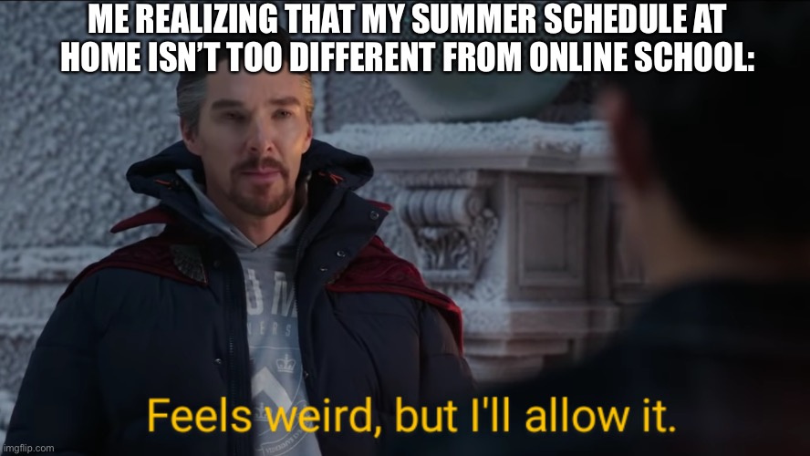 Yeah, summer is here… | ME REALIZING THAT MY SUMMER SCHEDULE AT HOME ISN’T TOO DIFFERENT FROM ONLINE SCHOOL: | image tagged in feels weird but i'll allow it,spider-man,doctor strange,online school,marvel | made w/ Imgflip meme maker