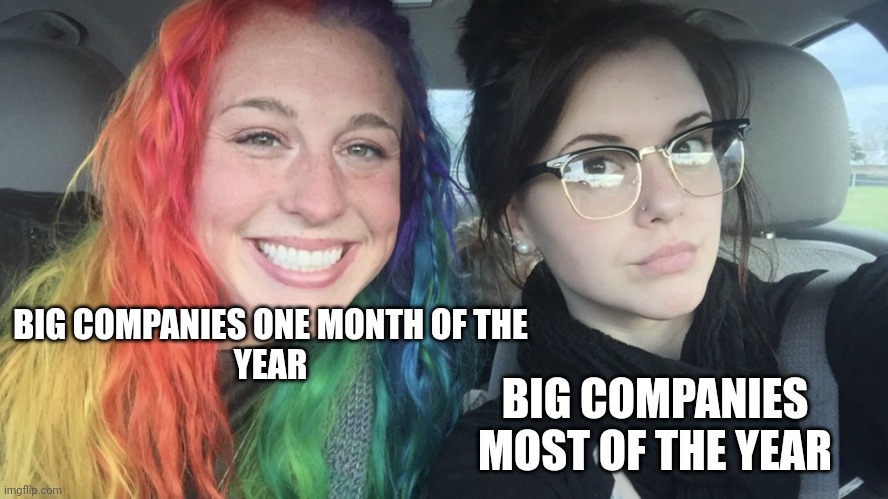 Oof. | BIG COMPANIES ONE MONTH OF THE

YEAR; BIG COMPANIES MOST OF THE YEAR | image tagged in rainbow hair and goth | made w/ Imgflip meme maker