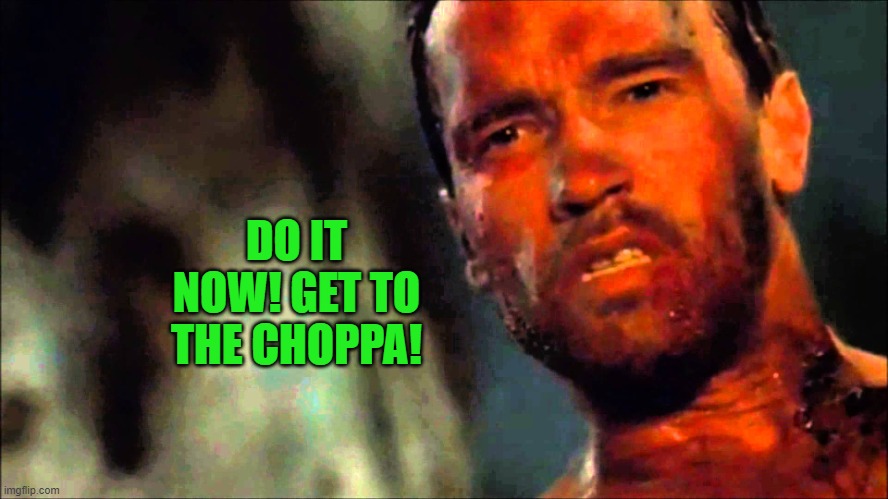 Arnold Predator | DO IT NOW! GET TO THE CHOPPA! | image tagged in arnold predator | made w/ Imgflip meme maker