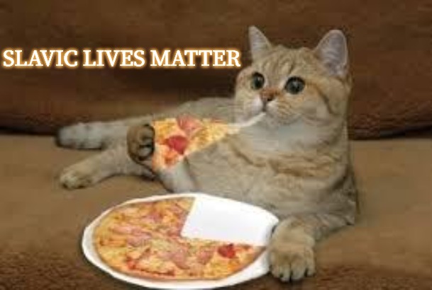 cat eats pizza | SLAVIC LIVES MATTER | image tagged in cat eats pizza,slavic,blacklabel jedih,freddie fingaz | made w/ Imgflip meme maker