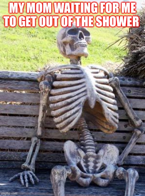 Son!! Get out of the shower now! | MY MOM WAITING FOR ME TO GET OUT OF THE SHOWER | image tagged in memes,waiting skeleton | made w/ Imgflip meme maker