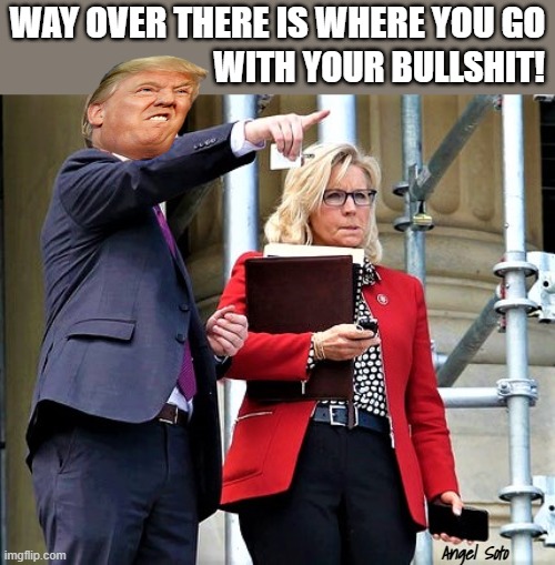 Trump sends Liz Cheney and her bullshit way over there |  WAY OVER THERE IS WHERE YOU GO; WITH YOUR BULLSHIT! Angel Soto | image tagged in political humor,donald trump,liz cheney,bullshit,rino,way over there | made w/ Imgflip meme maker
