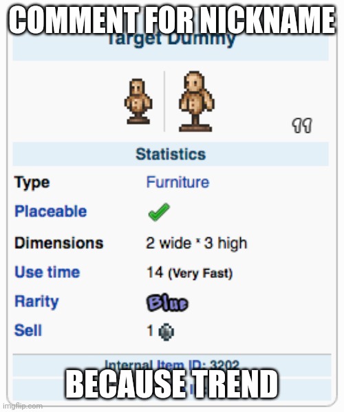 Terraria Training Dummy | COMMENT FOR NICKNAME; BECAUSE TREND | image tagged in terraria training dummy | made w/ Imgflip meme maker
