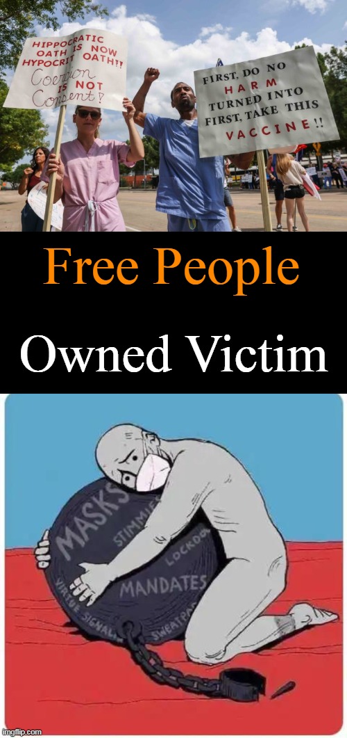 Easy Choice For Some of Us | Free People; Owned Victim | image tagged in politics,vaccine tyranny,mandates,coercion,freedom,choices | made w/ Imgflip meme maker