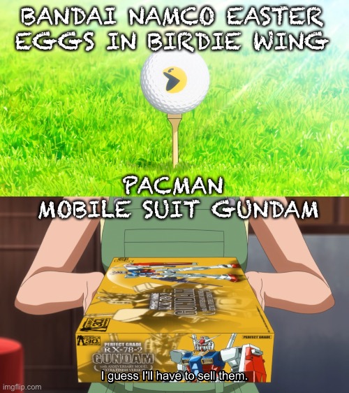 Easter eggs! | BANDAI NAMCO EASTER EGGS IN BIRDIE WING; PACMAN 
MOBILE SUIT GUNDAM | image tagged in birdie wing,gundam,pacman | made w/ Imgflip meme maker