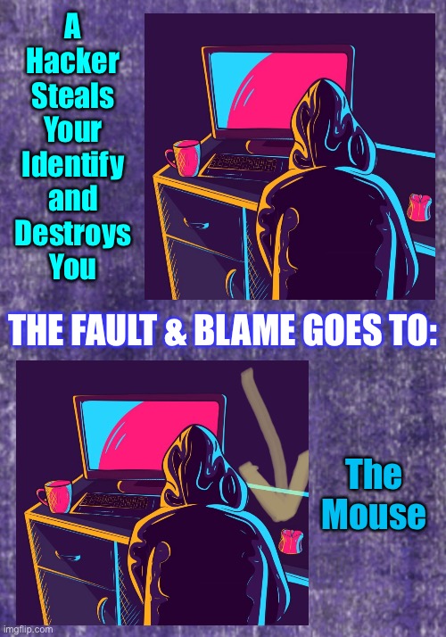 Gun Control Logic | A
Hacker
Steals
Your
Identify
and
Destroys
You; THE FAULT & BLAME GOES TO:; The
Mouse | image tagged in memes,two a,second amendment of the constitutional rights,dems blame the tool,people with a brain blame the criminal | made w/ Imgflip meme maker