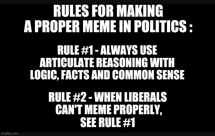 Meme Instruction 101 | RULES FOR MAKING
A PROPER MEME IN POLITICS :; RULE #1 - ALWAYS USE ARTICULATE REASONING WITH LOGIC, FACTS AND COMMON SENSE; RULE #2 - WHEN LIBERALS
 CAN'T MEME PROPERLY,
SEE RULE #1 | image tagged in democrats,leftists,liberals,triggered,politics,media | made w/ Imgflip meme maker