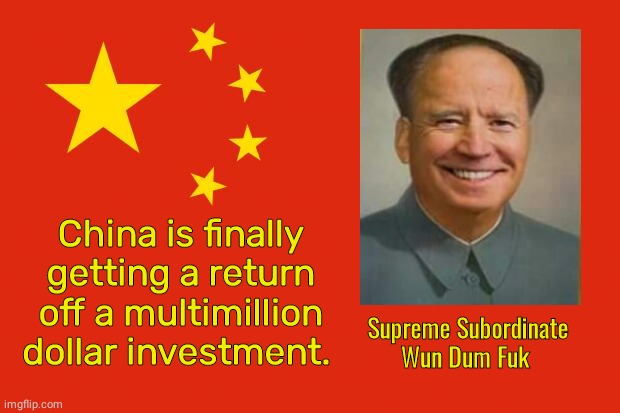 Biden is a Chinese investment | China is finally getting a return off a multimillion dollar investment. Supreme Subordinate
Wun Dum Fuk | image tagged in china flag | made w/ Imgflip meme maker