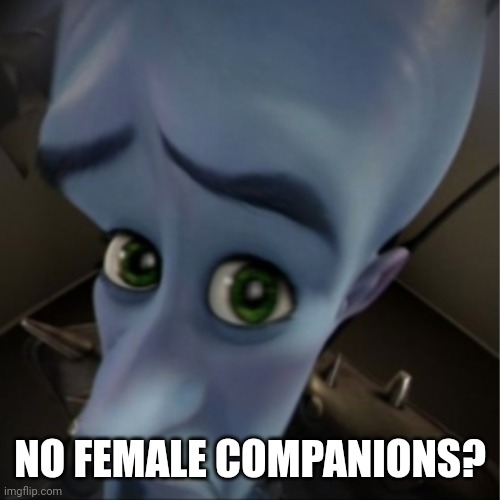 Megamind peeking | NO FEMALE COMPANIONS? | image tagged in megamind peeking | made w/ Imgflip meme maker