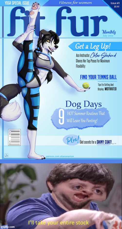 I would love that magazine, And hey, $5.95? That's a steal! (By ABananaMan) | image tagged in i'll take your entire stock,magazines,memes,furry,fitness,yoga | made w/ Imgflip meme maker