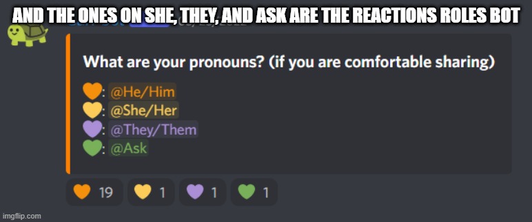 AND THE ONES ON SHE, THEY, AND ASK ARE THE REACTIONS ROLES BOT | made w/ Imgflip meme maker