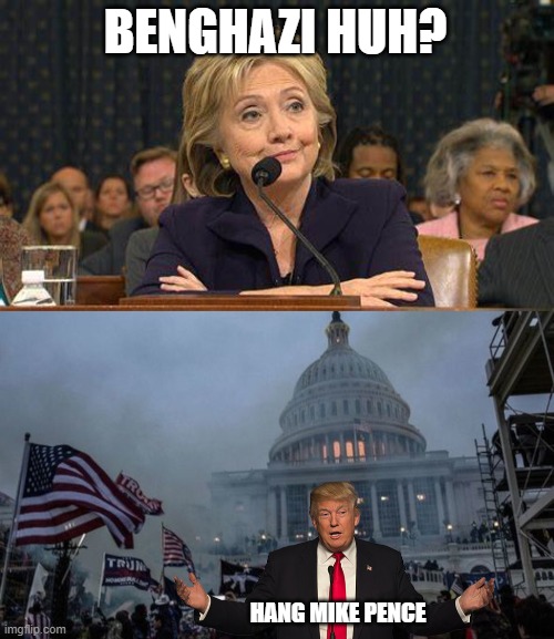 Remember when Clinton testified under oath, for 11 hours, over a foreign embassy in a hostile country getting attacked? | BENGHAZI HUH? HANG MIKE PENCE | image tagged in hillary clinton testifies,misconstrued coup,memes,politics,treason,gop hypocrite | made w/ Imgflip meme maker