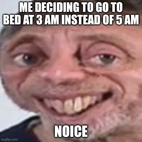 i have a broken sleep schedule | ME DECIDING TO GO TO BED AT 3 AM INSTEAD OF 5 AM; NOICE | image tagged in noice | made w/ Imgflip meme maker