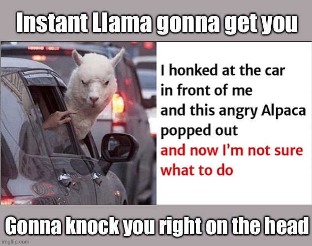 Instant Llama: wrong animal | Instant Llama gonna get you; Gonna knock you right on the head | image tagged in john lennon,instant karma,llama,head | made w/ Imgflip meme maker