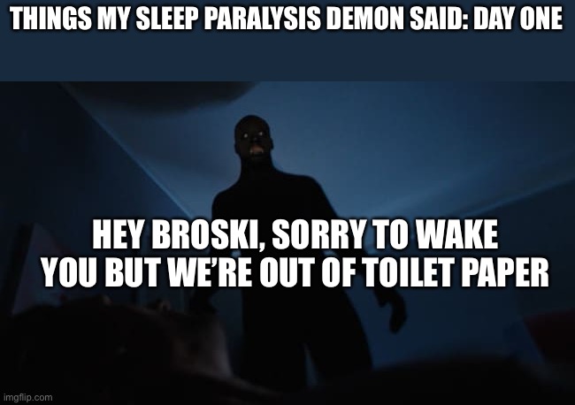 I’ll post another one tomorrow | THINGS MY SLEEP PARALYSIS DEMON SAID: DAY ONE; HEY BROSKI, SORRY TO WAKE YOU BUT WE’RE OUT OF TOILET PAPER | image tagged in sleep paralysis | made w/ Imgflip meme maker