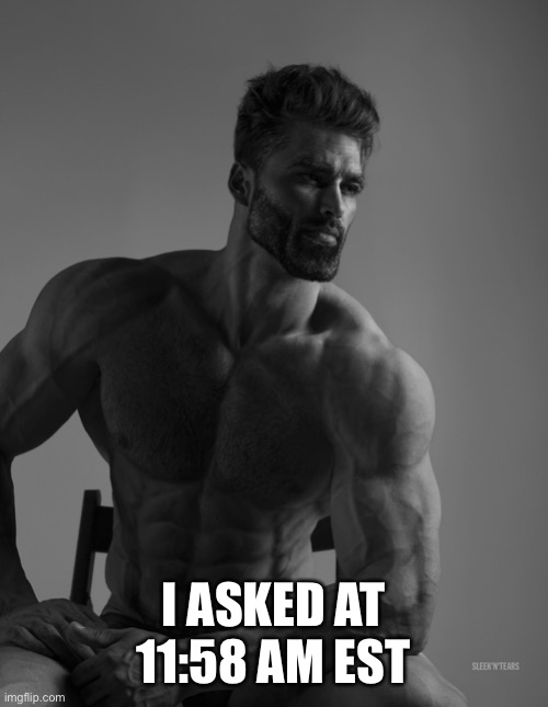 Giga Chad | I ASKED AT 11:58 AM EST | image tagged in giga chad | made w/ Imgflip meme maker