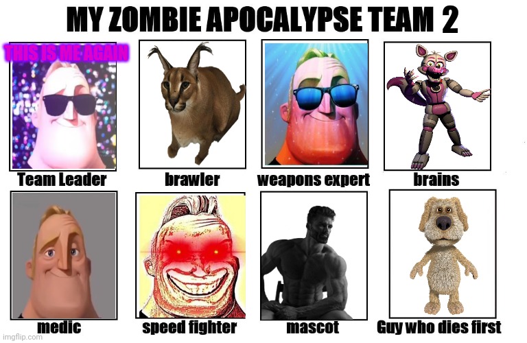 My defense meme with Mr. Incredible team (DMMI) (Part 2) |  2; THIS IS ME AGAIN | image tagged in my zombie apocalypse team,funtime foxy,floppa,mr incredible becoming canny,talking ben,giga chad | made w/ Imgflip meme maker