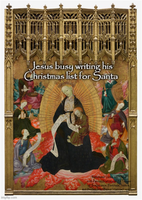 Santa Baby | image tagged in baby jesus,santa claus,art memes,gothic,painting,barcelona | made w/ Imgflip meme maker