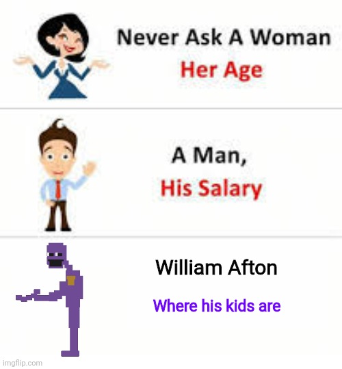 What is a title? | William Afton; Where his kids are | image tagged in memes,fnaf,dont | made w/ Imgflip meme maker