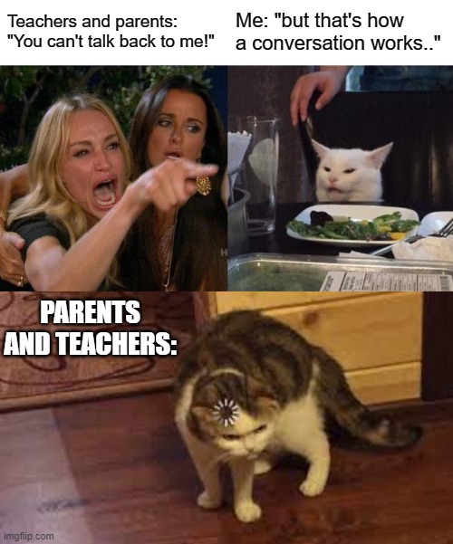 The greatest comeback since No U | Teachers and parents: "You can't talk back to me!"; Me: "but that's how a conversation works.."; PARENTS AND TEACHERS: | image tagged in memes,woman yelling at cat | made w/ Imgflip meme maker