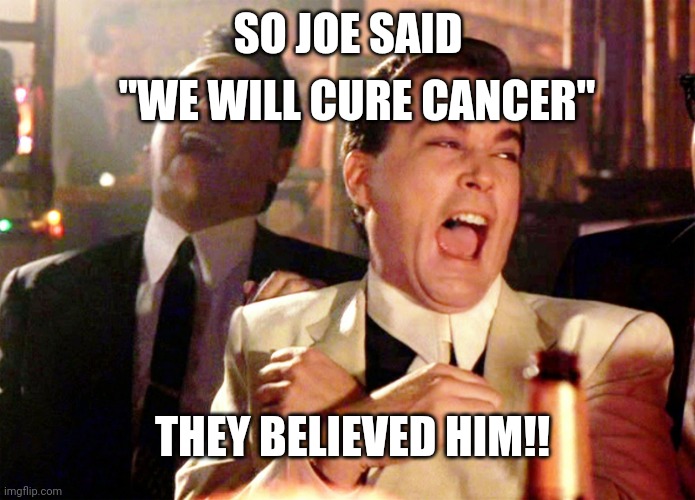 Good Fellas Hilarious Meme | "WE WILL CURE CANCER"; SO JOE SAID; THEY BELIEVED HIM!! | image tagged in memes,good fellas hilarious | made w/ Imgflip meme maker